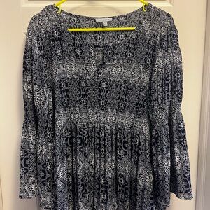 Women's Black & White Printed Peasant Blouse